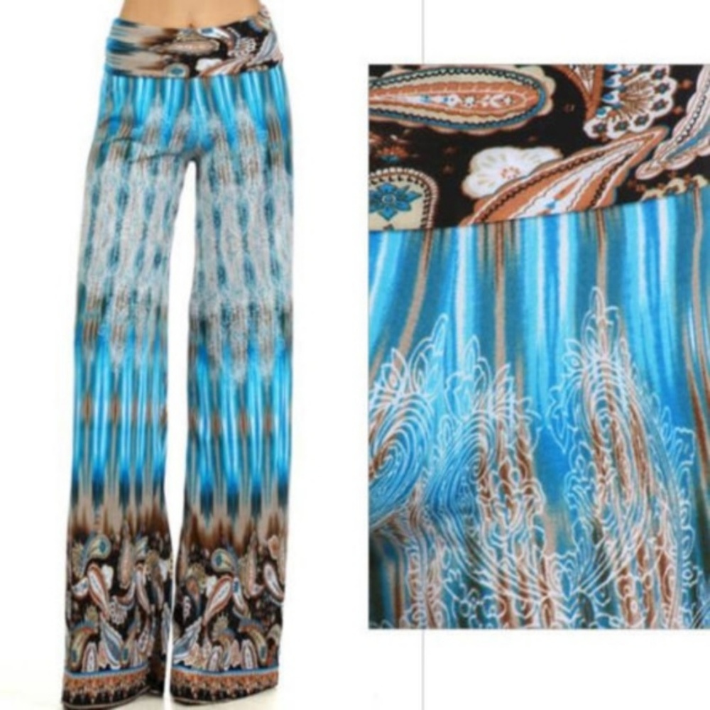 Color 5 Blue & Brown Border Wide Leg Palazzo Pants